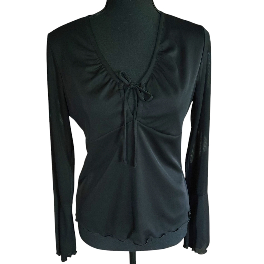 Y2K Younique Fairycore Black Sheer Bell Sleeve Keyhole Tie Top Sz L